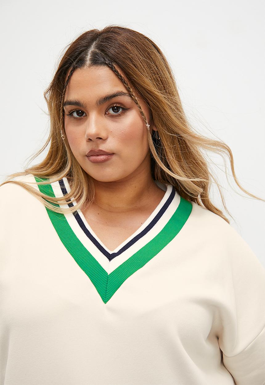 Blake - Preppy v-neck sweat midi dress - ecru & green