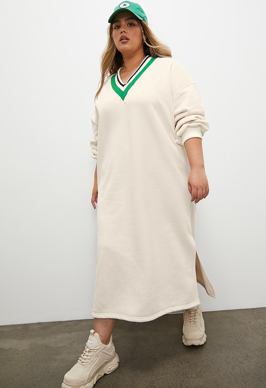 Blake - Preppy v-neck sweat midi dress - ecru & green
