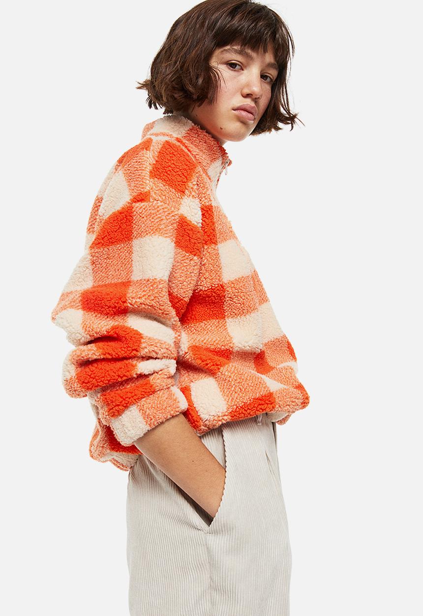H&M - Zip-top teddy sweatshirt - orange/checked
