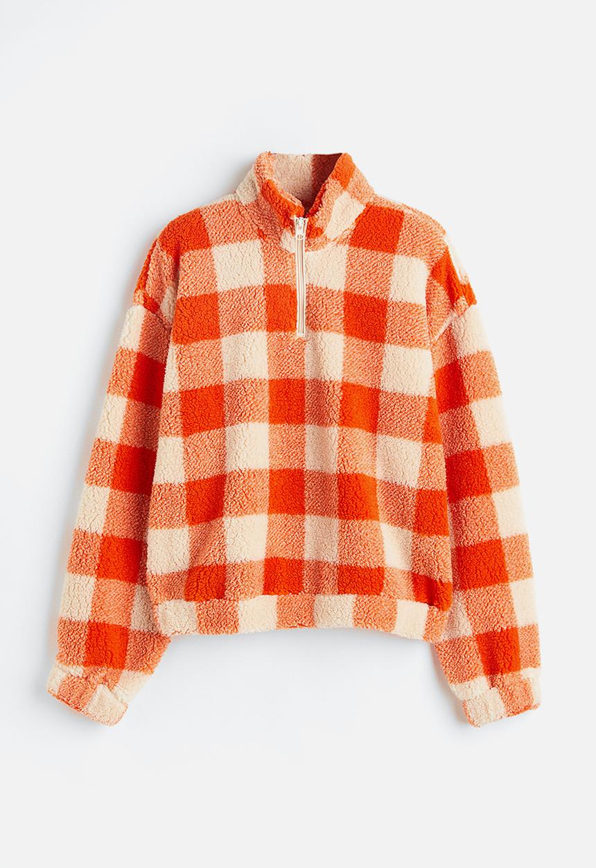 H&M - Zip-top teddy sweatshirt - orange/checked