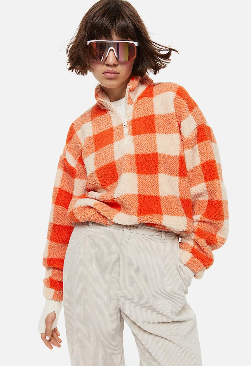H&M - Zip-top teddy sweatshirt - orange/checked