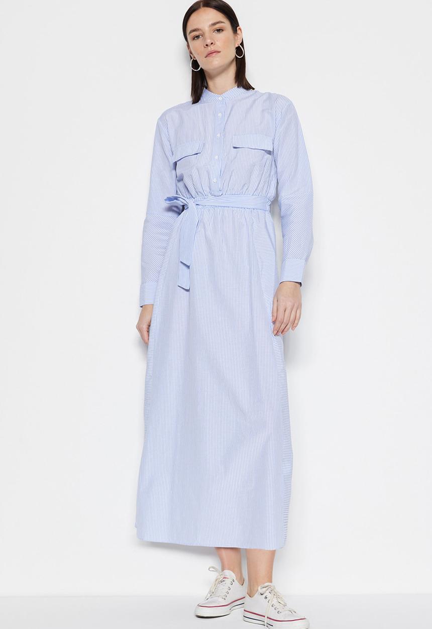 Trendyol - Modest stripe shirt dress - blue