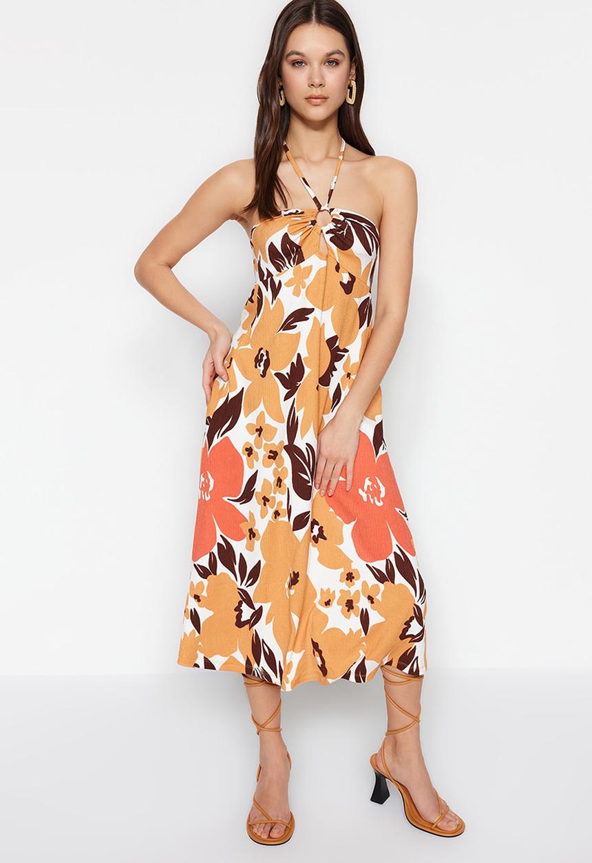 Trendyol - Tie up midi skater dress - orange