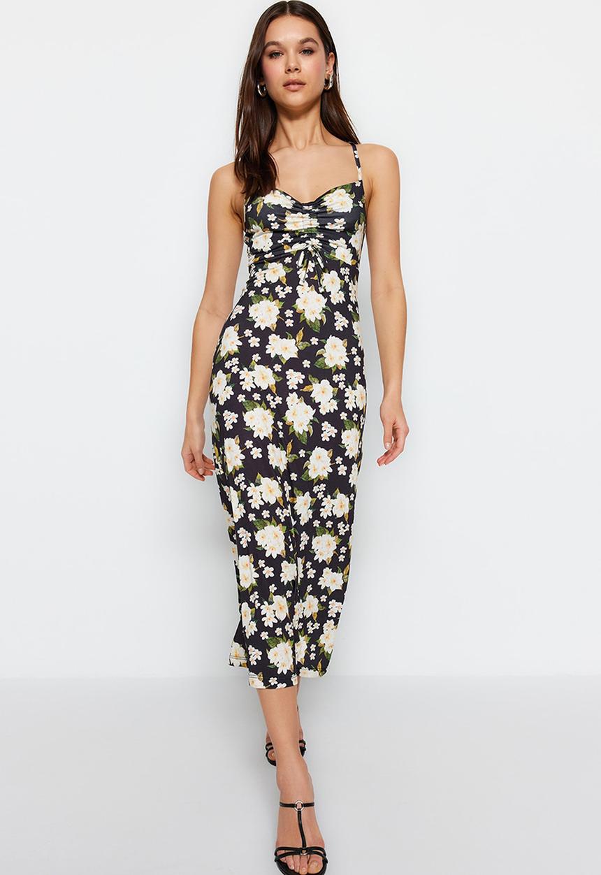 Trendyol - Sweetheart ruched midi dress - black