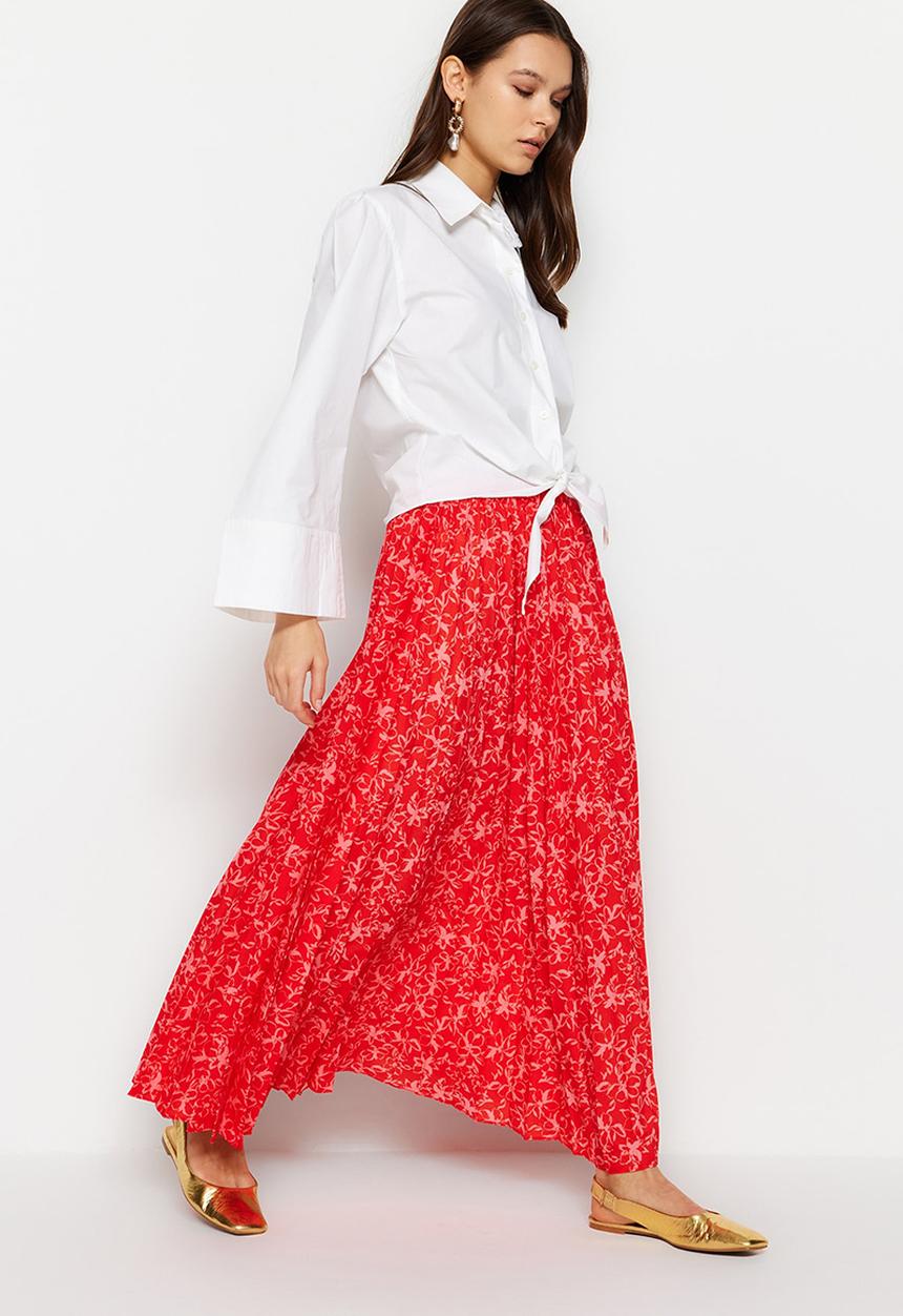 Trendyol - Modest print pleated skirt - red