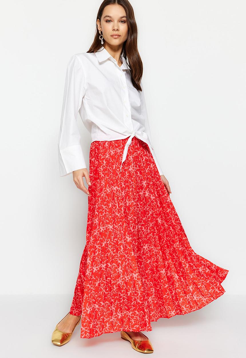 Trendyol - Modest print pleated skirt - red
