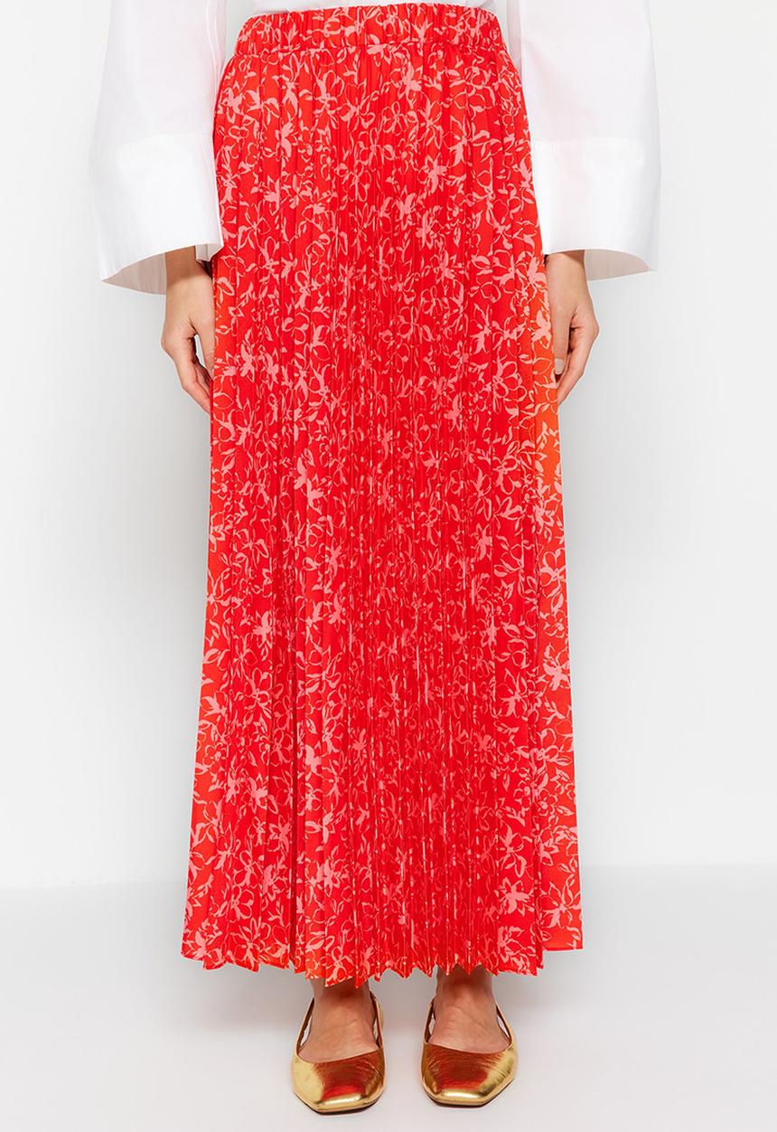 Trendyol - Modest print pleated skirt - red