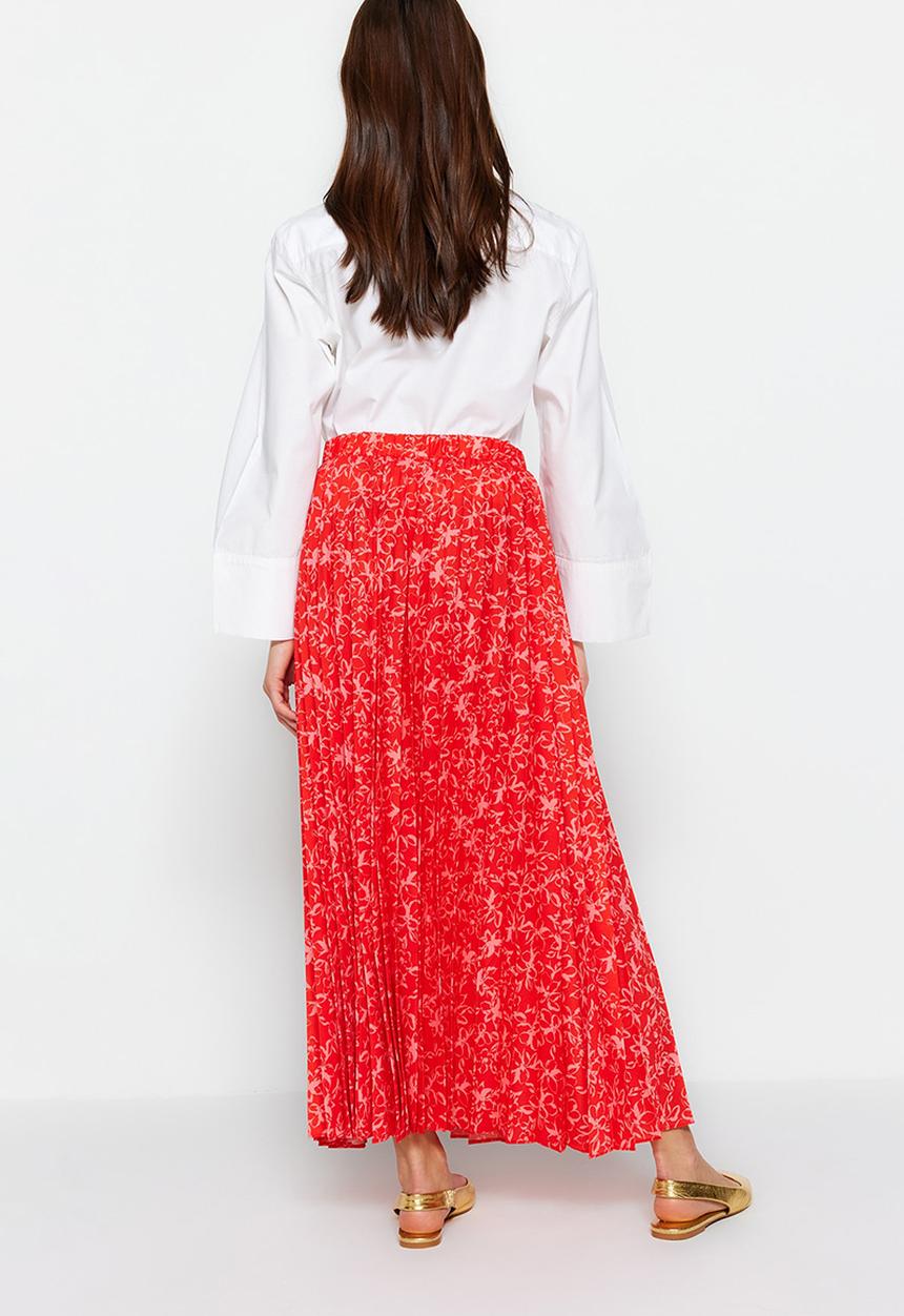 Trendyol - Modest print pleated skirt - red