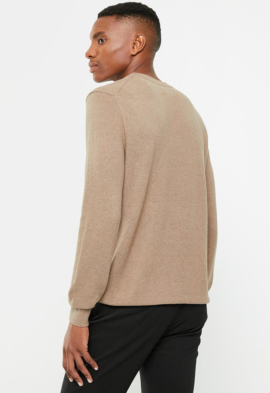 POLO - Mens textured crew knitwear - camel