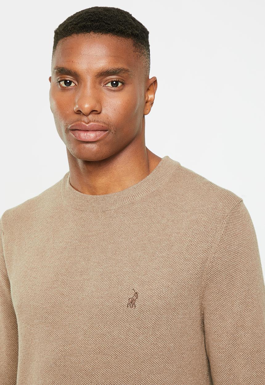 POLO - Mens textured crew knitwear - camel