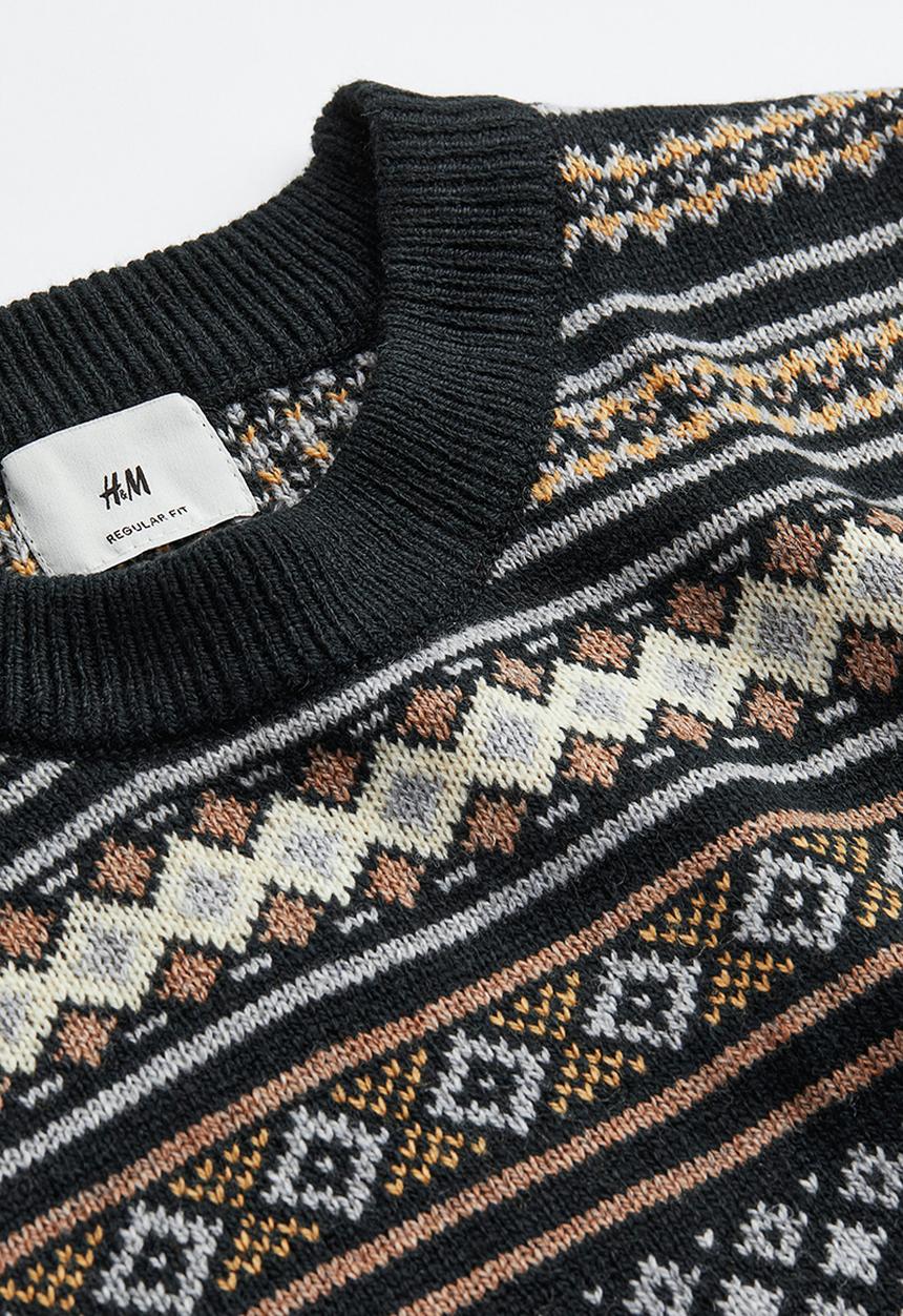 H&M - Regular fit jacquard-knit jumper - black/patterned