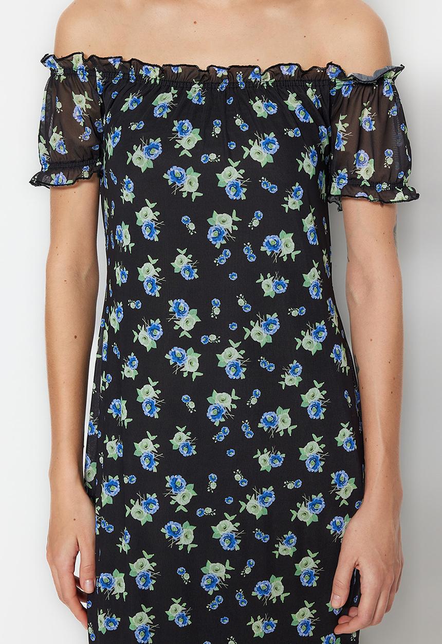 Trendyol - Floral off shoulder a-line dress - black
