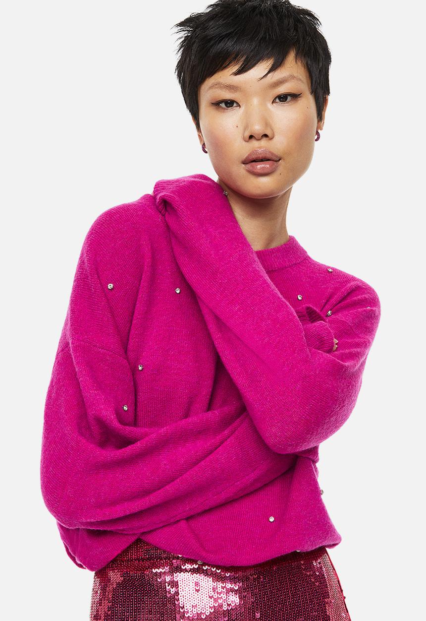 H&M - Beaded jumper - cerise & rhinestones 