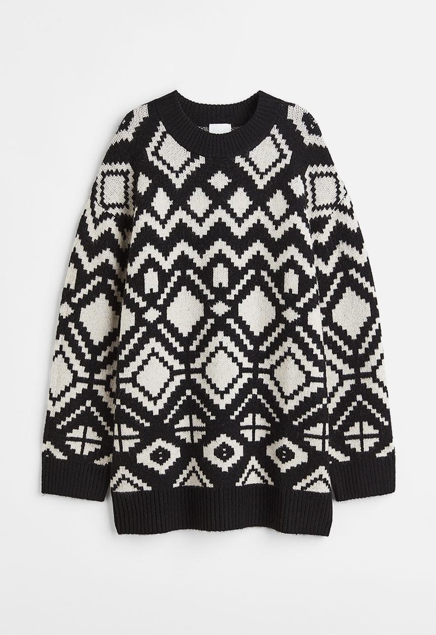 H&M - Long jacquard-knit jumper - black & white 