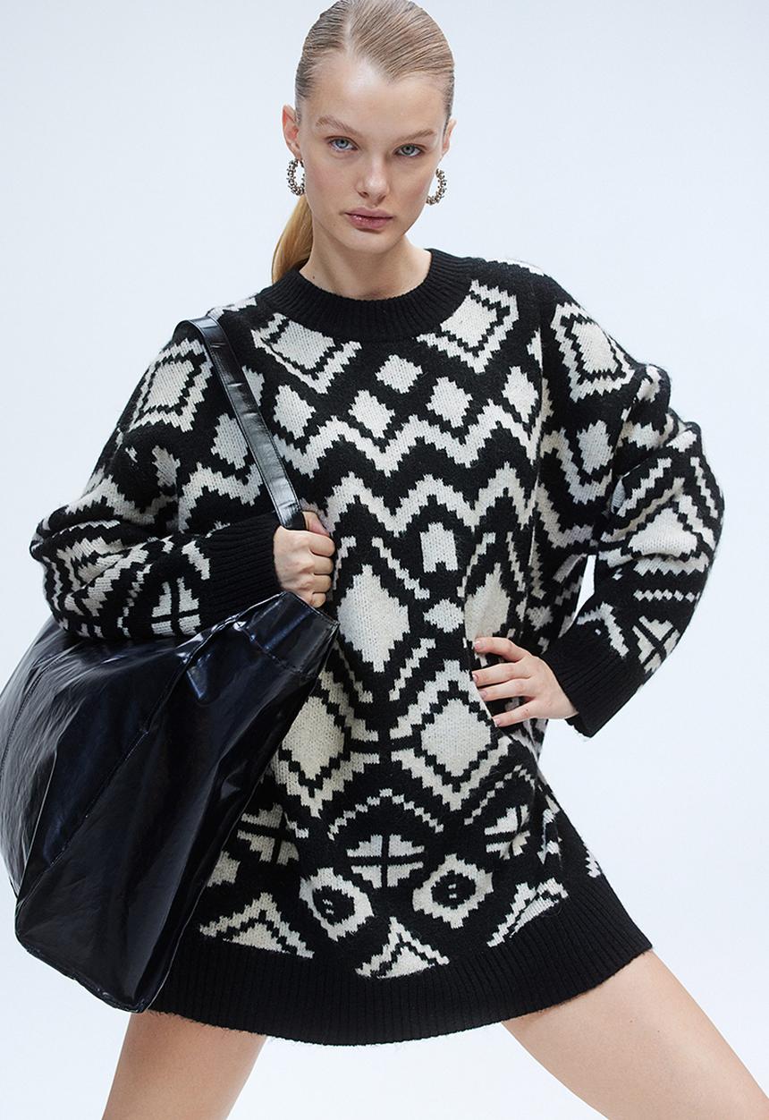 H&M - Long jacquard-knit jumper - black & white 