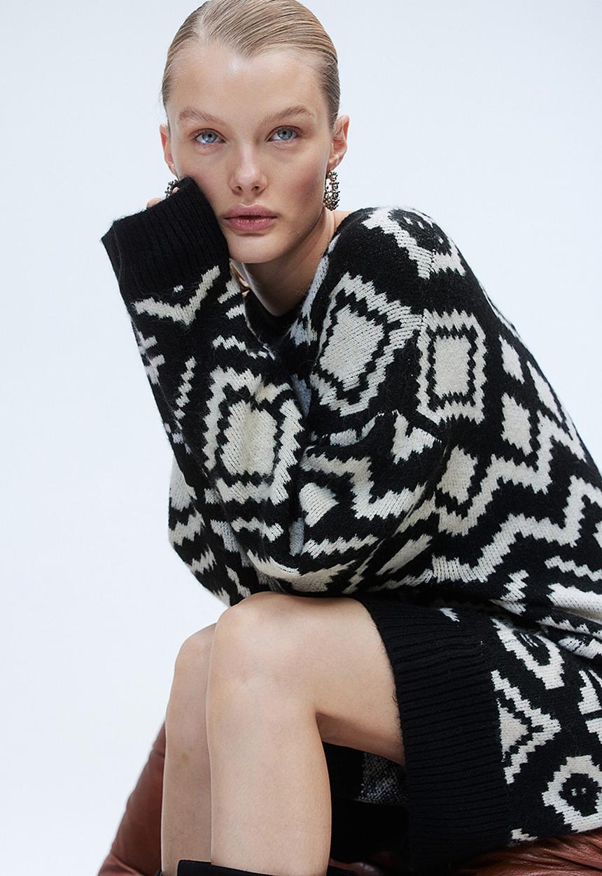 H&M - Long jacquard-knit jumper - black & white 