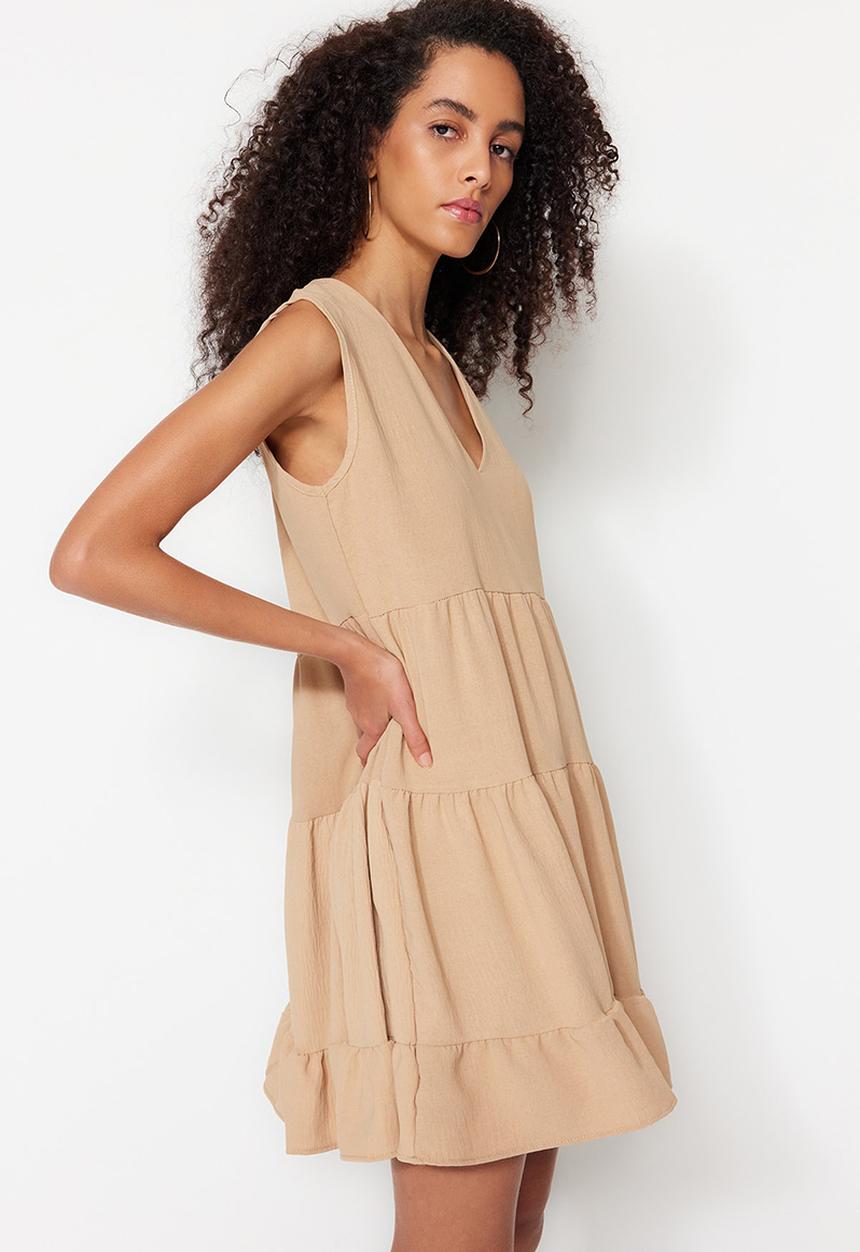 Trendyol - V-neck tiered shift dress - camel