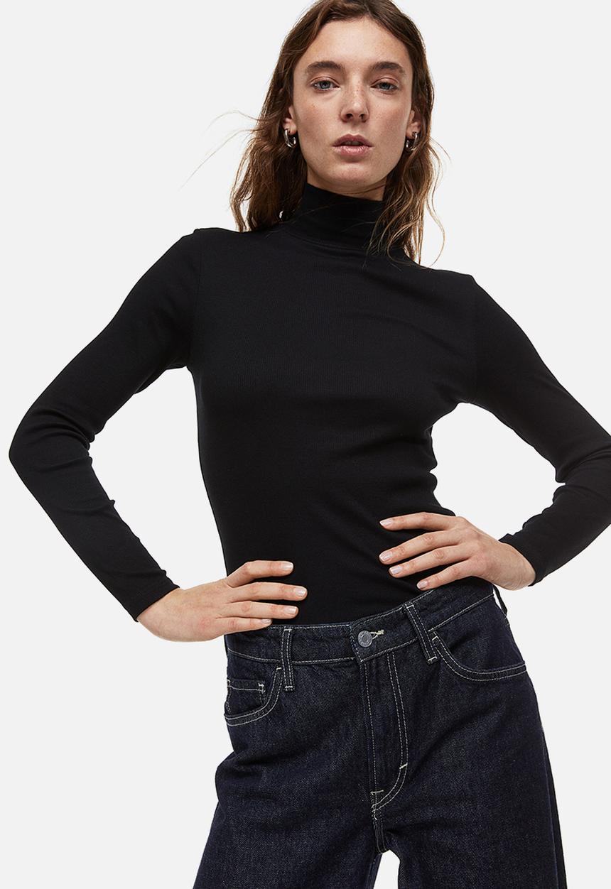 H&M - Ribbed polo-neck top - black