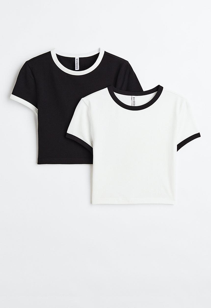 H&M - 2-pack cropped tops - black,multi,white