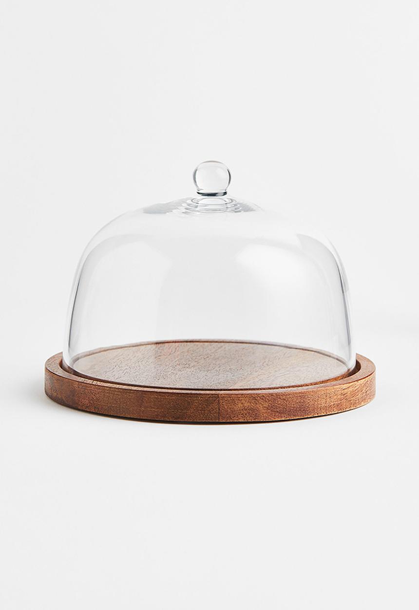 H&M - Glass dome with a wooden tray - clear glass