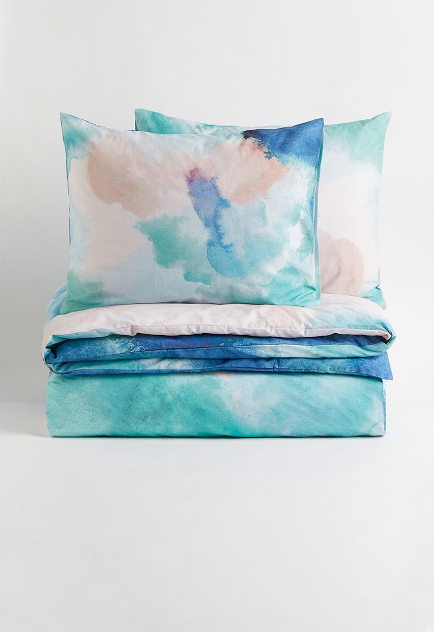 H&M - Patterned double/king size duvet cover set - light turquoise/patterned