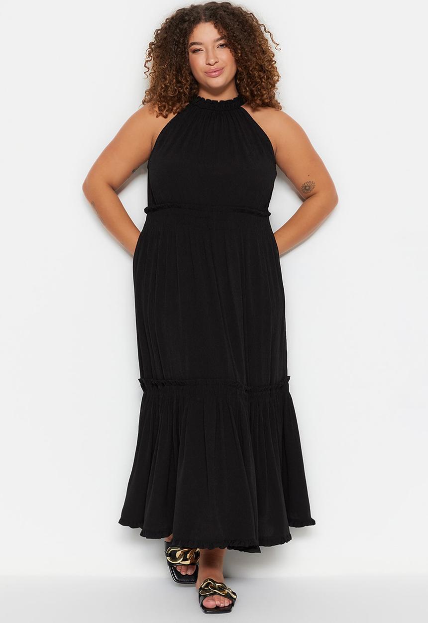 Trendyol - Plus high neck tiered dress - black