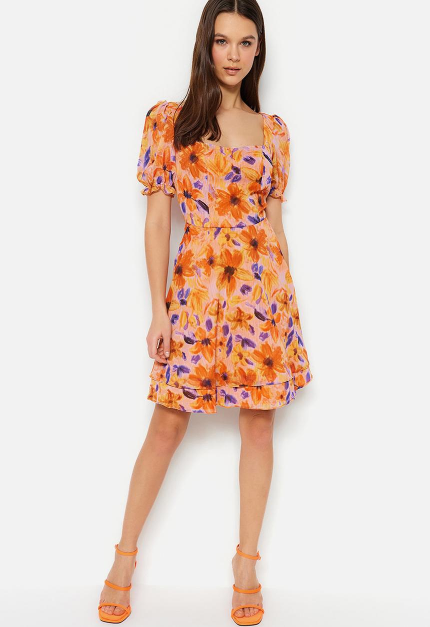 Trendyol - Square neck mini floral dress - orange