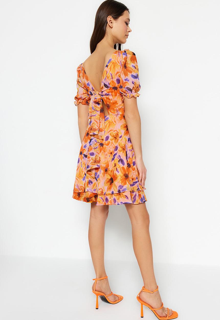 Trendyol - Square neck mini floral dress - orange