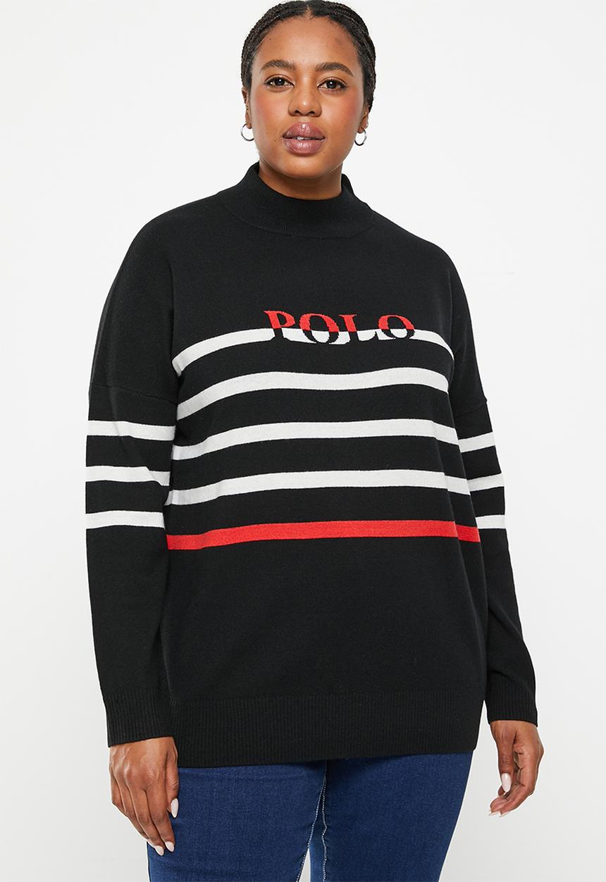 POLO - Plus women stripe branded long sleeve sweater - black