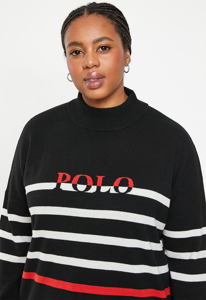 POLO - Plus women stripe branded long sleeve sweater - black