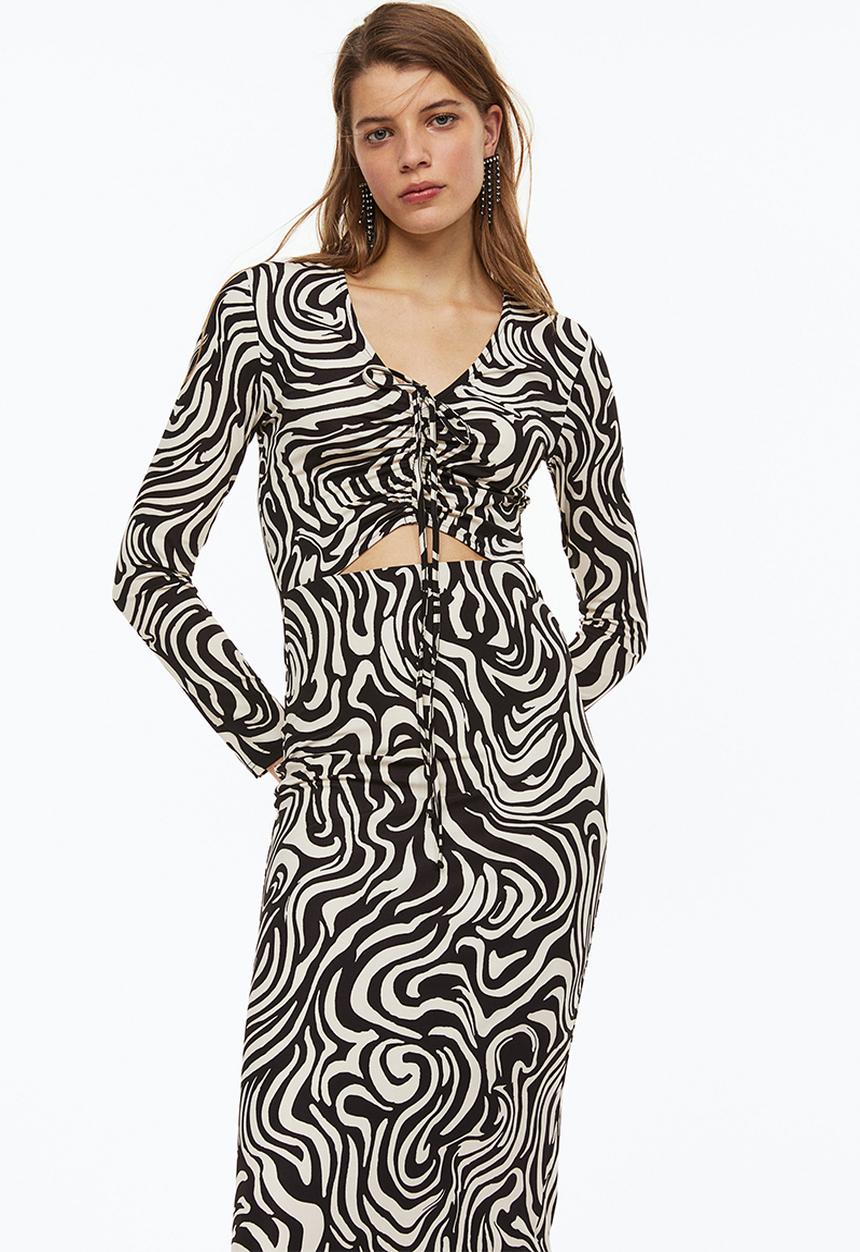 H&M - Drawstring-detail bodycon dress - black/patterned 