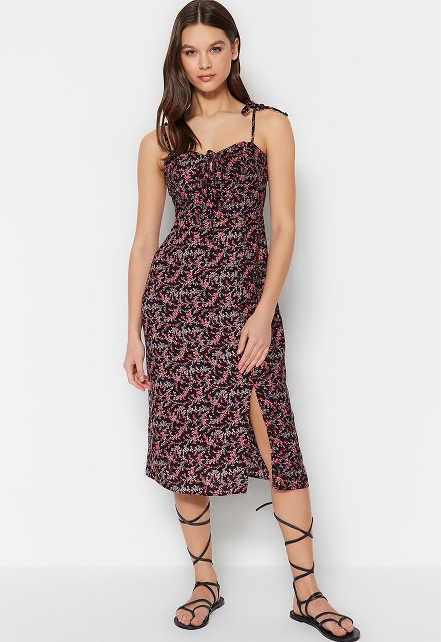 Trendyol - Tie front midi dress - black