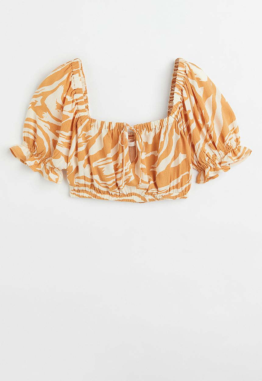 H&M - Puff-sleeved crêpe blouse - yellow/zebra print