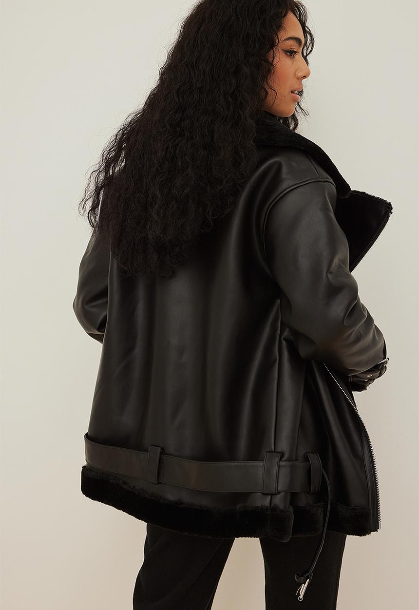 NA-KD - Teddy biker jacket - black