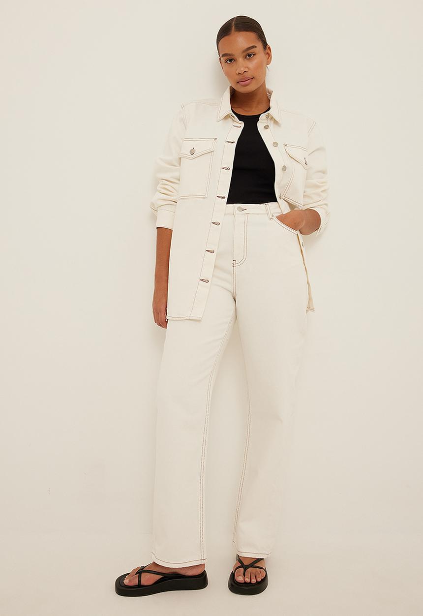 NA-KD - Contrast seam straight jeans - ecru