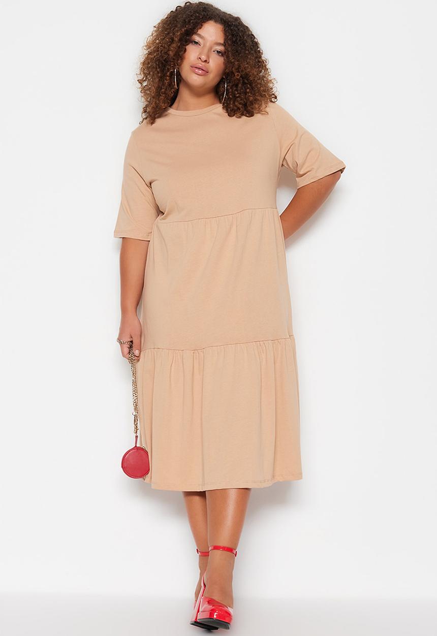 Trendyol - Plus t-shirt tiered dress - camel