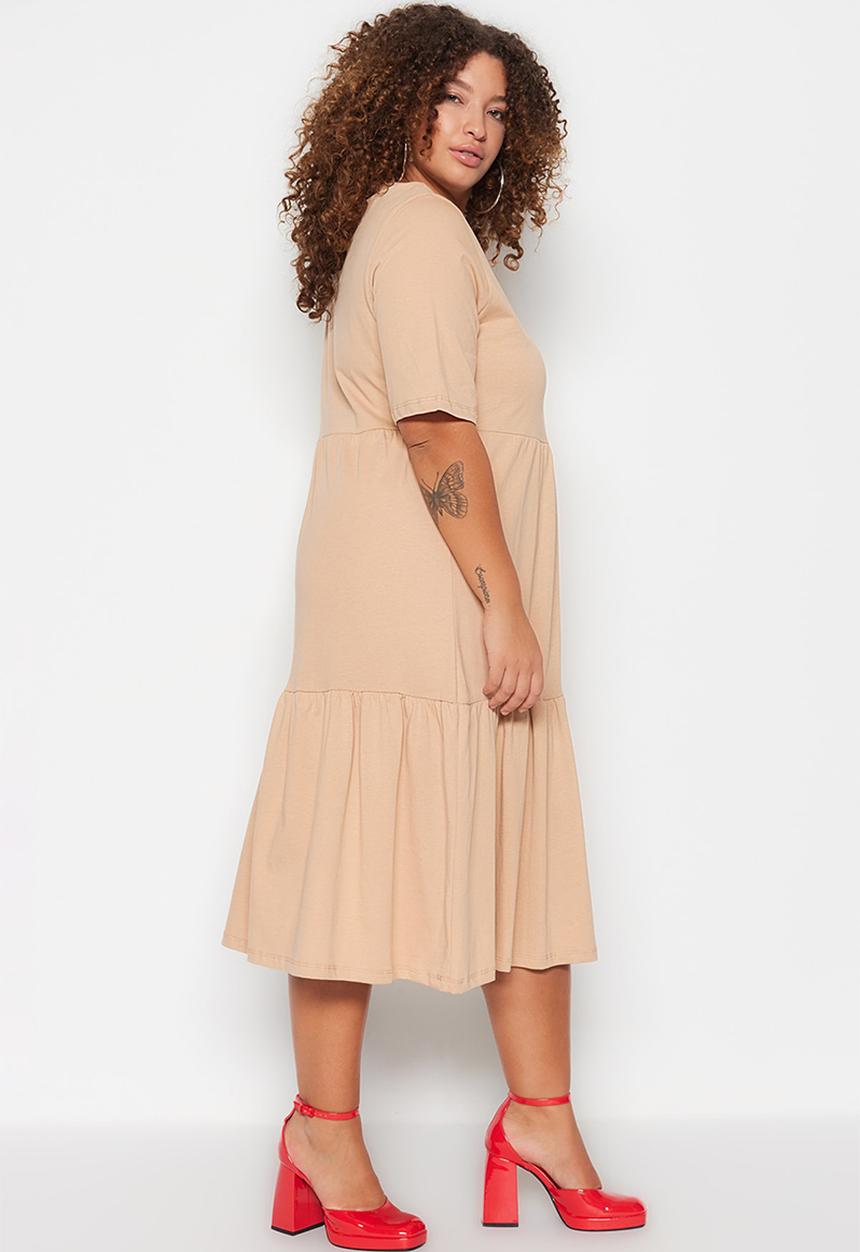 Trendyol - Plus t-shirt tiered dress - camel