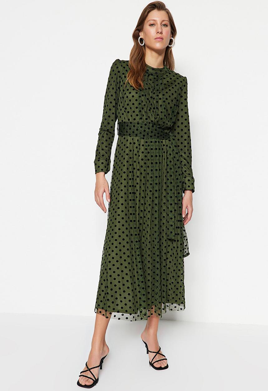 Trendyol - Modest polka dot dress - khaki