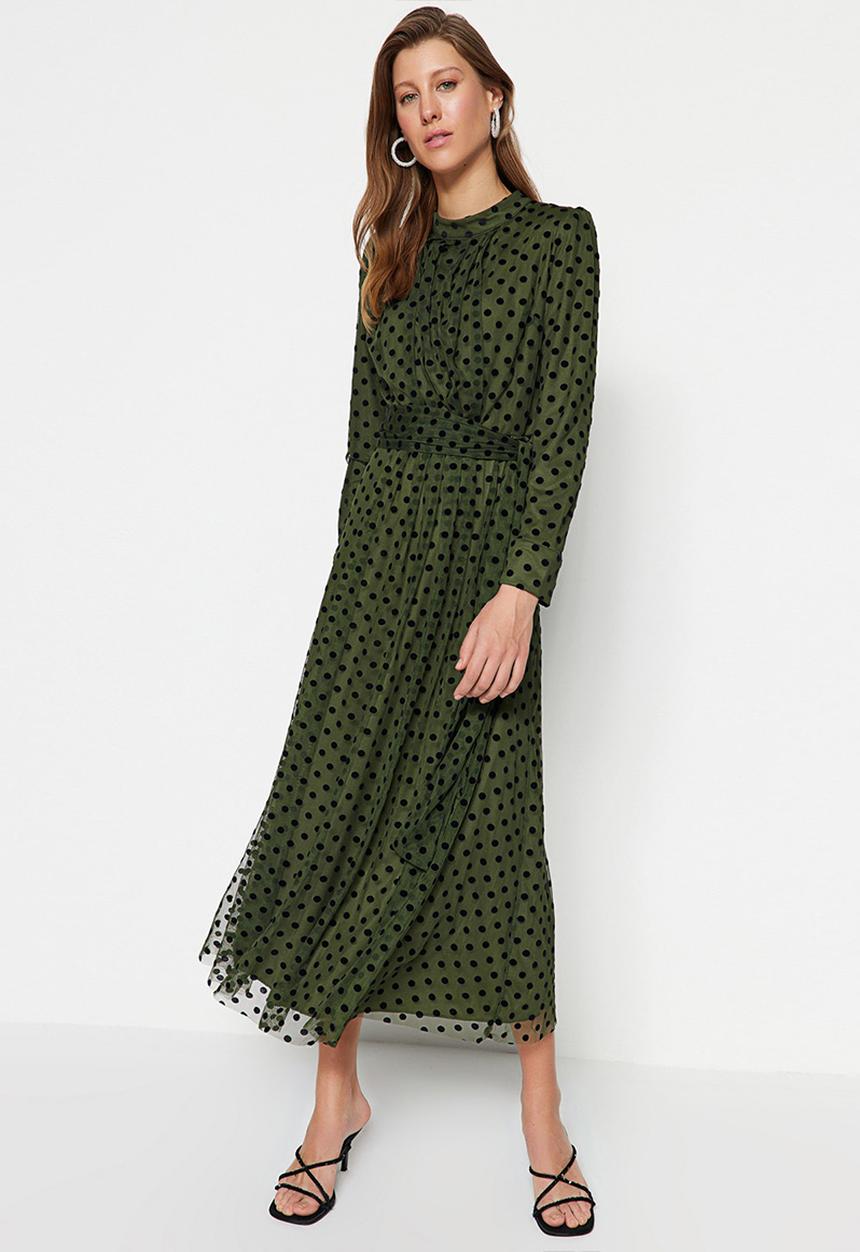 Trendyol - Modest polka dot dress - khaki