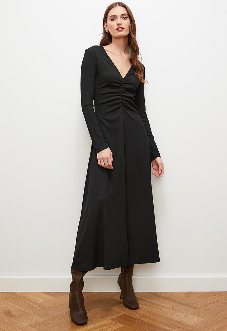 edit - Front ruched fluted midi dress - black