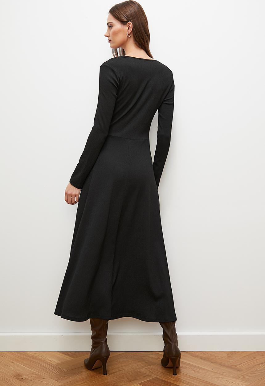 edit - Front ruched fluted midi dress - black