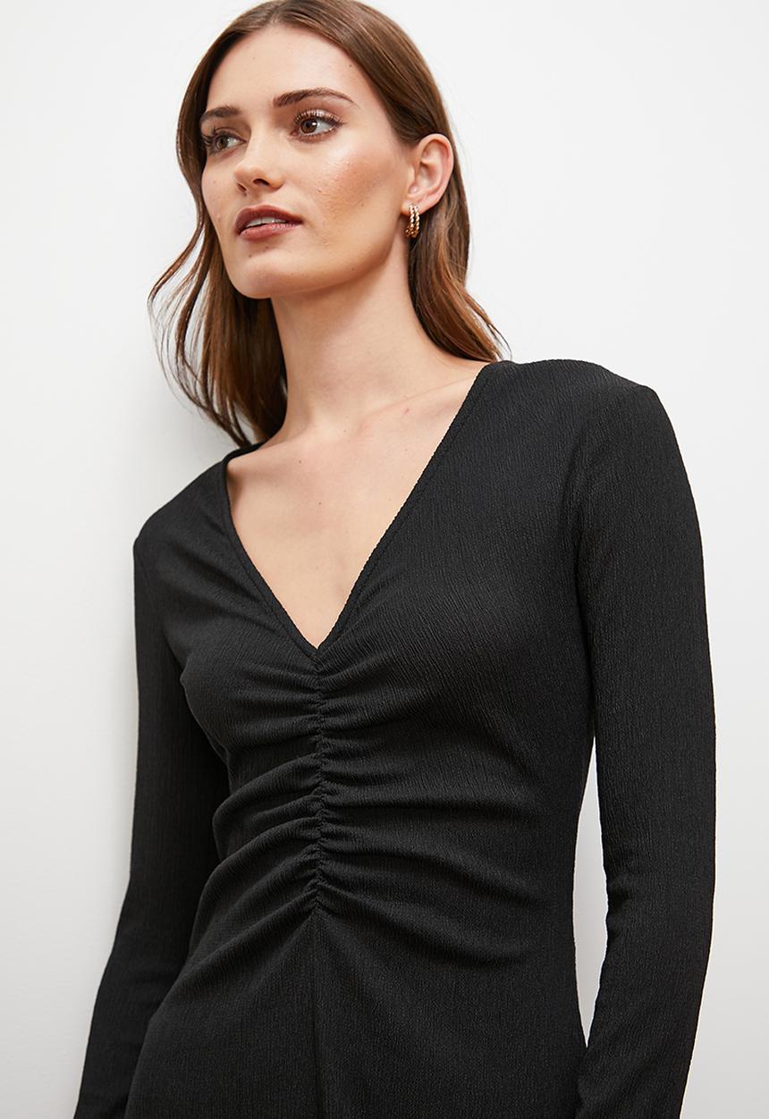 edit - Front ruched fluted midi dress - black