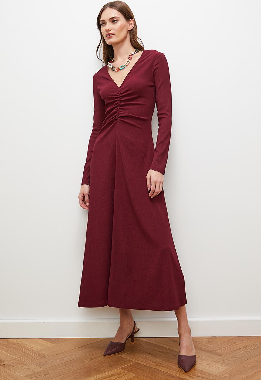 edit - Front ruched fluted midi dress - berry