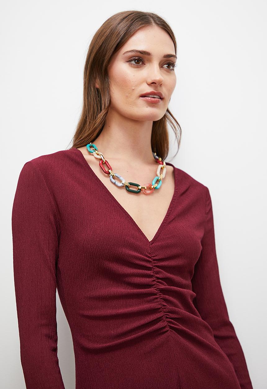 edit - Front ruched fluted midi dress - berry