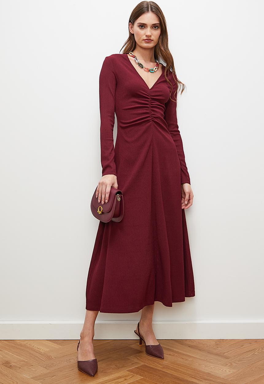 edit - Front ruched fluted midi dress - berry