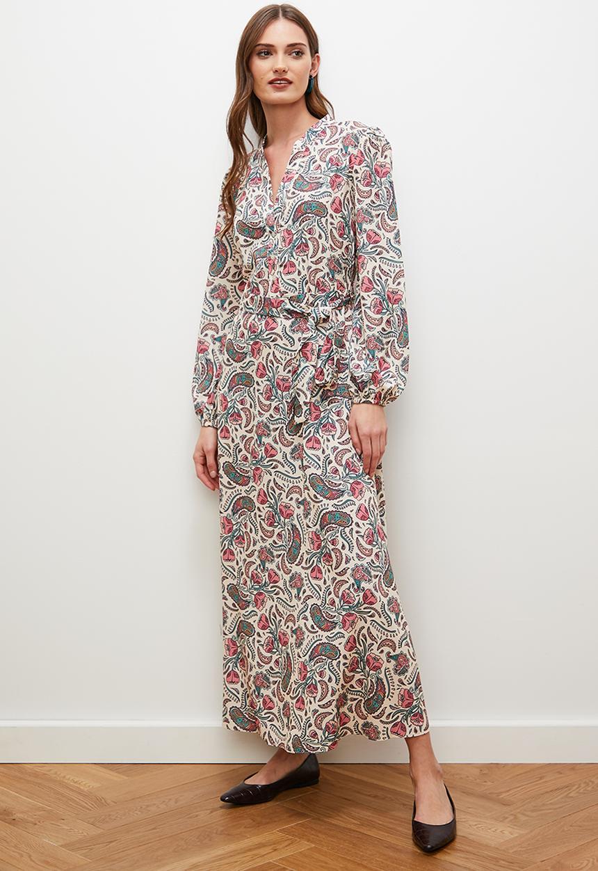 edit - Mandarin collar shirt dress with self belt - paisley