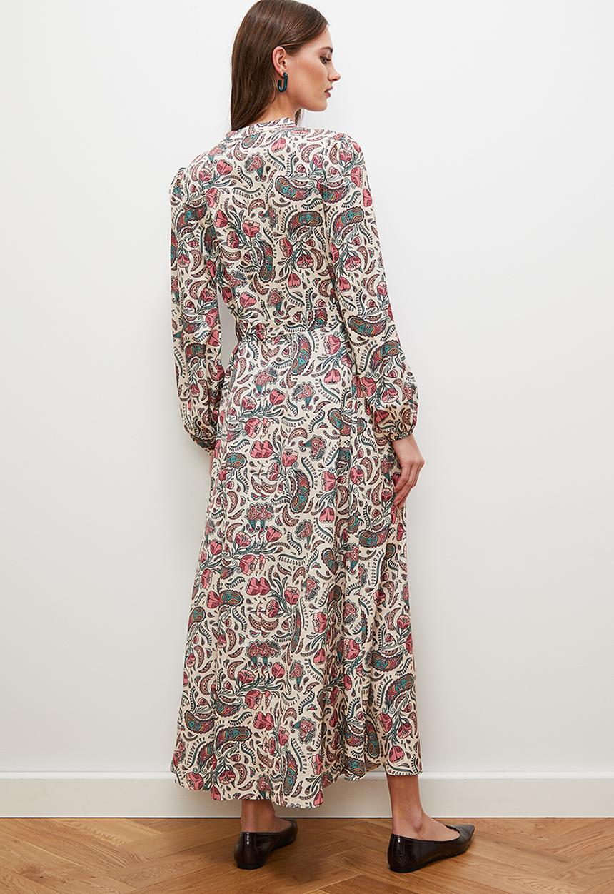 edit - Mandarin collar shirt dress with self belt - paisley