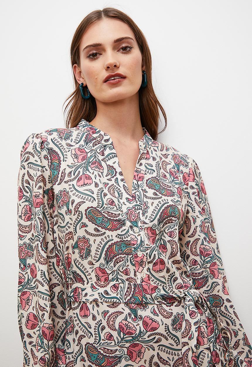 edit - Mandarin collar shirt dress with self belt - paisley