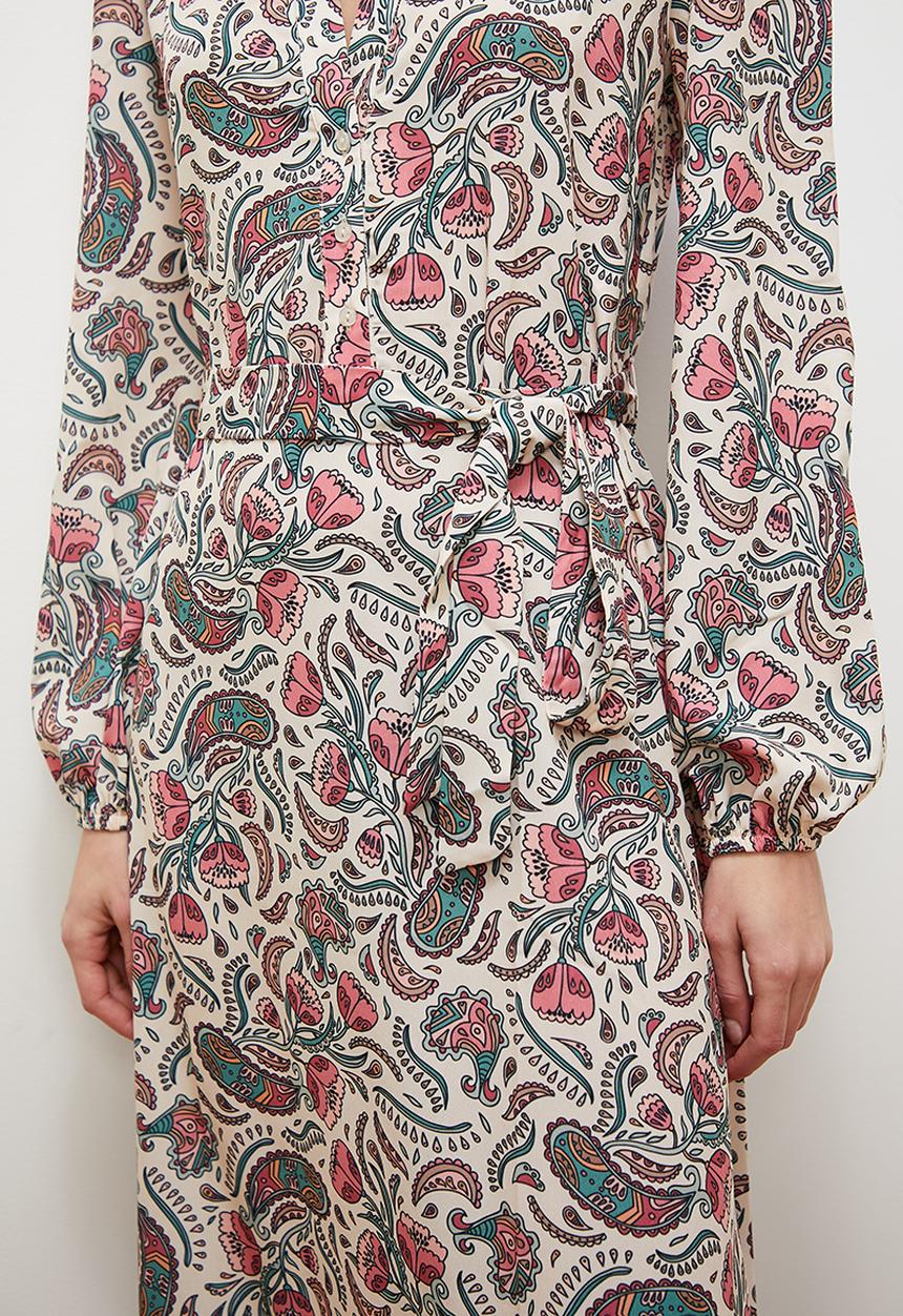 edit - Mandarin collar shirt dress with self belt - paisley