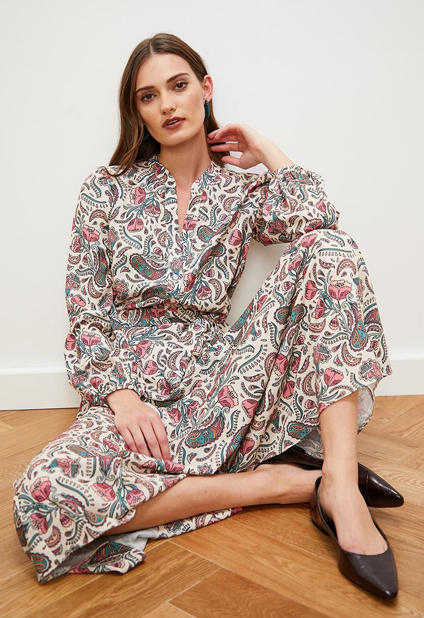 edit - Mandarin collar shirt dress with self belt - paisley